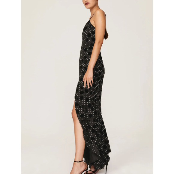 Hutch Black Burnout Velvet Slip Maxi Dress SIZE 0 Polkadot Ruffle Slit Gown $363 - Picture 2 of 12